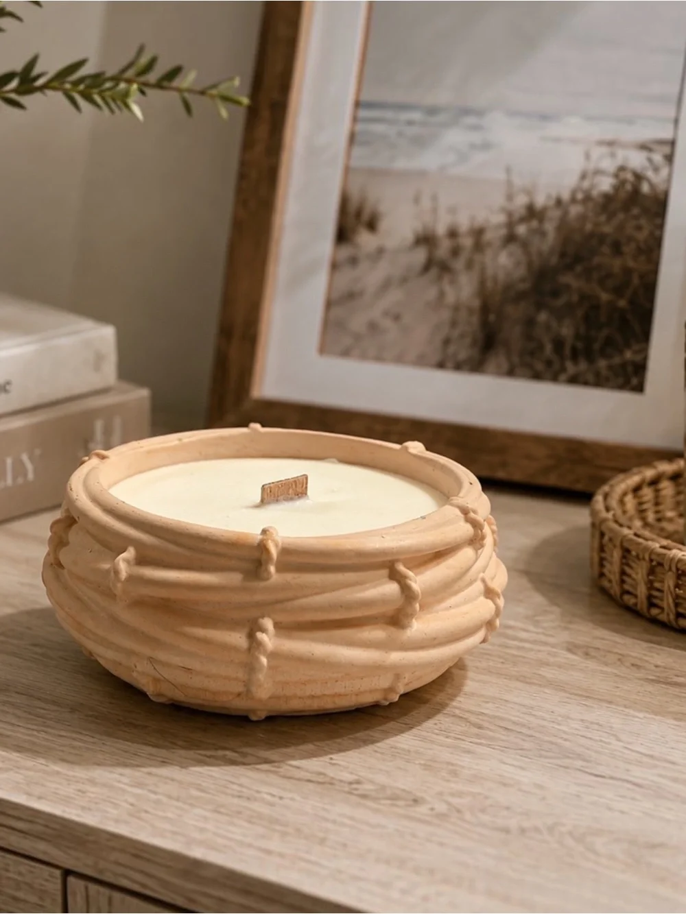 Cream Ceramic Bowl Candle with Wooden Wick - Home Accents
